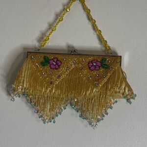 Vintage Floral Gold Beaded Clutch with Beaded Fringe